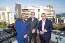 Billy Cross, The Star Entertainment Group Managing Director QLD Geoff Hogg & Simon Gloftis overlooking The Star's new rooftop restaurant & bar