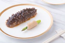 Stewed Sliced Abalone Filled with Asparagus and Shrimp Paste, Accompanied by Bêche-de-Mer