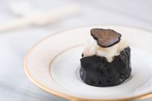 Steamed Shrimp and Bamboo Charcoal Dumpling Topped with Sliced Lobster and Black Truffle