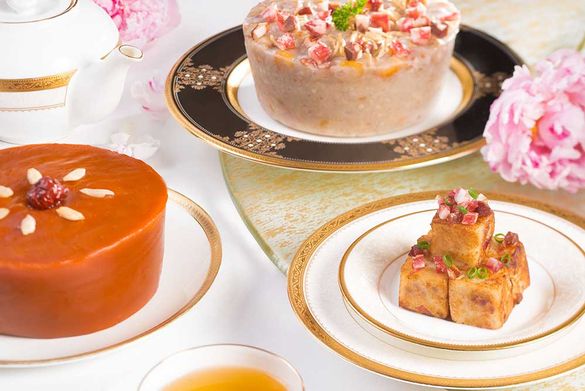 New Year Pudding (left), Taro Pudding (middle back) and Turnip Pudding (right)