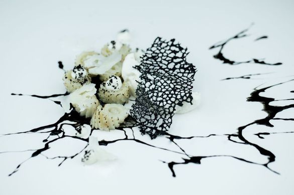 HIHsaaKURUN Cookbook, Kandolhu : Black and White, Confit Squid and Cauliflower