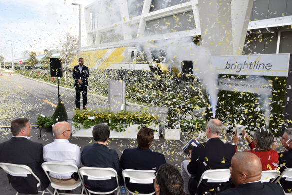 Brightline President and COO Patrick Goddard welcomes dignitaries outside Fort Lauderdale Station  