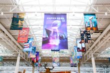 Past Super Bowl Tickets display hanging in Mall of America's North Garden where Radio Row will be open to visitors; this is the first time the tickets have been displayed in a free, open to the public setting.