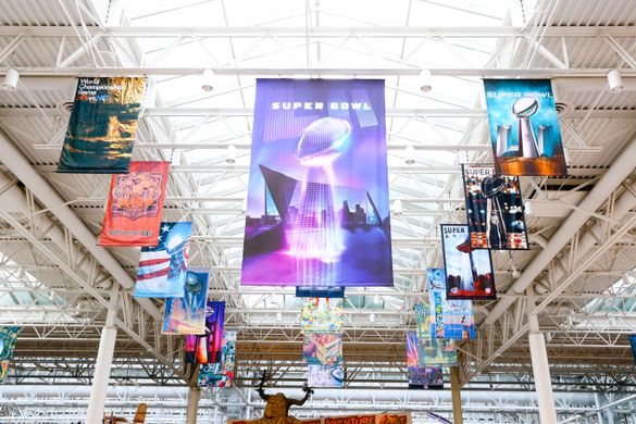 Past Super Bowl Tickets display hanging in Mall of America's North Garden where Radio Row will be open to visitors; this is the first time the tickets have been displayed in a free, open to the public setting.