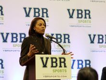 Rita McClenny of Virginia Tourism Corporation endorsing VBR Sports Launch at press event in Roanoke, VA.