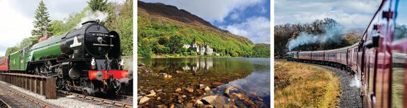 Photos (from left): the Tornado; Kylemore Abbey, Connemara; the Royal Scot
