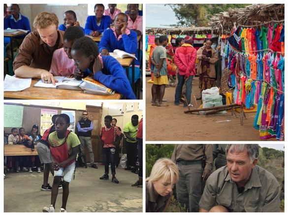 Top left: Craig Kielburger, Co-founder of ME to WE, reads with students in Kenya | Top right: Malagasy people at a market in Madagascar | Bottom left: Children demonstrating the “gumboots dance” at the Amy Foundation in Cape Town | Bottom right: Dr. Johan