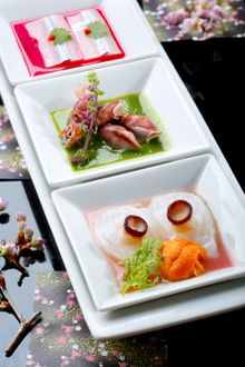 UNI & TAKO SASHIMI SAKURA DRESSINGSAYORI TIRADITO BEET ROOT YUZU DRESSINGHOTARU IKA KINOME MISO