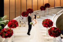 Bride & Groom on White Marble Staircase