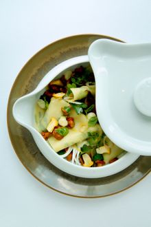 herb printed pasta, girolles-shallots-parsley
