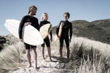 A scene from Breath, shot in WA's South West. Actor & director Simon Baker with actors Ben Spence & Samson Coulter