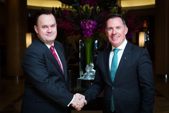 AccorHotels Pacific COO, Simon McGrath (right) welcomes Sofitel Sydney Wentworth’s new General Manager, Philip Logan