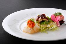 SUZUKI SASHIMI SAKURA EBI, SHIRASU SALSA TORO TATAKI  NASU, HATCHO MISO UNAGI RICE CRACKER