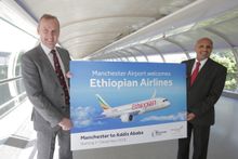 Photo caption: Manchester Airport CEO Andrew Cowan and Ethiopian Airlines CEO Tewolde Gebremariam announce the new route to Addis Ababa. 