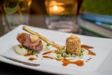 Free Range Lamb & Braised Shoulder Croquette, Oven Baked Celeriac, Burnt Baby Leek, Garden Pea & Minted Jus