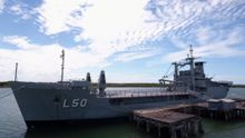 The ex-HMAS Tobruk docked at Bundaberg Port ahead of the preparations for its scuttling.