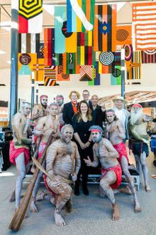 Elizabeth   Ann  Macgregor,   MCA   Director OBE; Geoff  Culbert,  CEO,   Sydney  Airport,  Larissa  Behrendt,   Professor  at  UTS ; Djon  Mundine   OAM ; Vic  Simm ;   and  Dance  Bunaan   Corroberree ,   MCA  &  Sydney  Airport   Commission ,  2018.  P