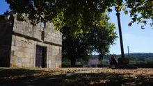 Pilgrim resting on the Camino Portugues, Galicia