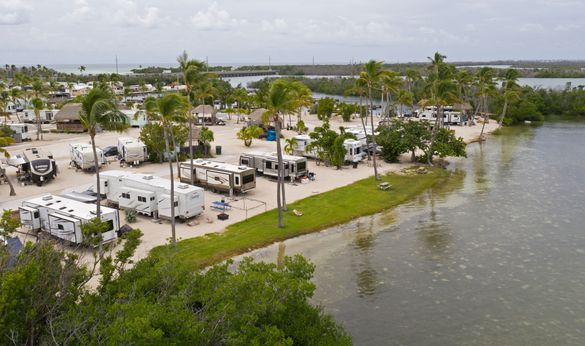 This aerial photo shows recreational vehicles parked Monday, Sept. 10, 2018, at Sunshine Key RV Resort near Big Pine Key, Fla., in the Florida Keys. The 75-acre, 399-site property was pummeled by Hurricane Irma on Sept. 10, 2017. A year later it formally 