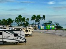 This early morning photo shows recreational vehicles parked Monday, Sept. 10, 2018, at Sunshine Key RV Resort near Big Pine Key, Fla., in the Florida Keys. The 75-acre, 399-site property was pummeled by Hurricane Irma on Sept. 10, 2017. A year later it fo