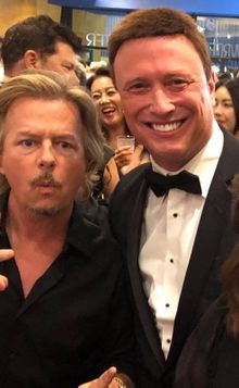 David Spade and Robert Johnson on the red carpet of the movie Warning Shot, filmed in Corsicana, Texas.