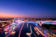 Views of Harbour Lights installations on marine vessels moving across Sydney Harbour during Vivid Sydney 2018