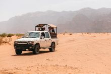 Cruising through the Wadi Rum desert in 4x4s