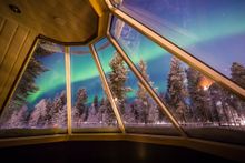 View of the Northern Lights from Aurora Village hotel in Ivalo, Finland 
