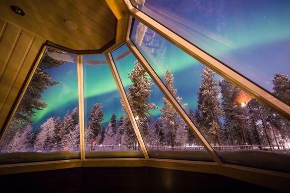 View of the Northern Lights from Aurora Village hotel in Ivalo, Finland 