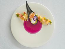 NOBU InterContinental Hong Kong , Sapporo Dish:Zuwai Kani (Snow Crab) with Potato Paper, Sweet Corn and Aioli & Botan Ebi (Big Sweet Shrimp) Sashimi with Yubari Melon Gazpacho and Beer Jelly