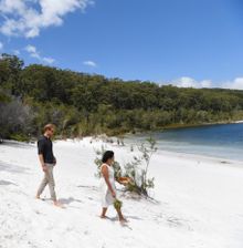 Harry along the silica white shore of Lake McKenzie