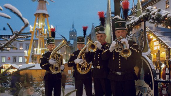 Brass players in traditional miners' uniforms in Annaberg