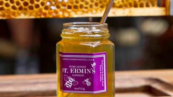 Honeycomb and jar of honey from St Ermin\'s  Hotel\'s own rooftop  Buckfast Bees
