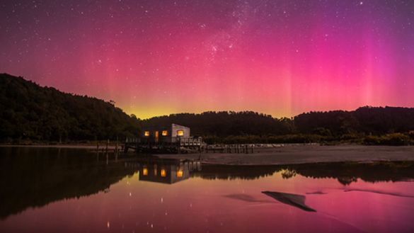The Aurora Australis or The Southern Lights as seen from Okarito on the West Coast of New Zealand's South Island. 