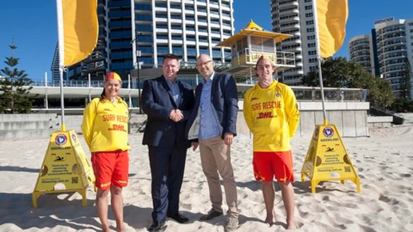 Pictured - John Brennan and Tomas Johnsson with two SLSQ lifeguards