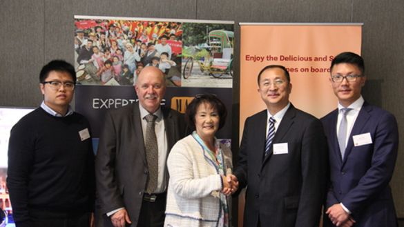 Macao - Xiamen Air launch - From left to right – Jason Jiang, sales executive Xiamen Airlines, Mike Smith, Macao Government Tourism Office (MGTO), Helen Wong, general manager MGTO Australia, Yang Hua Chen, general manager Xiamen Airlines Australia, and Al Macao - Xiamen Air launch - From left to right – Jason Jiang, sales executive Xiamen Airlines, Mike Smith, Macao Government Tourism Office (MGTO), Helen Wong, general manager MGTO Australia, Yang Hua Chen, general manager Xiamen Airlines Australia, and Al