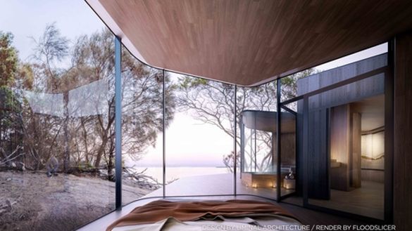 An artist's impression of the new waterfront pods at Freycinet Lodge. MUST CREDIT: Design by Liminal Architecture / Render by Floodslicer