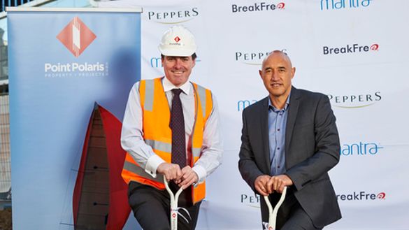 Peppers Southbank sod turning, featuring (L-R) Point Polaris Director Andrew Hogan and Mantra Group Regional General Manager Doug Flavell Peppers Southbank sod turning, featuring (L-R) Point Polaris Director Andrew Hogan and Mantra Group Regional General Manager Doug Flavell