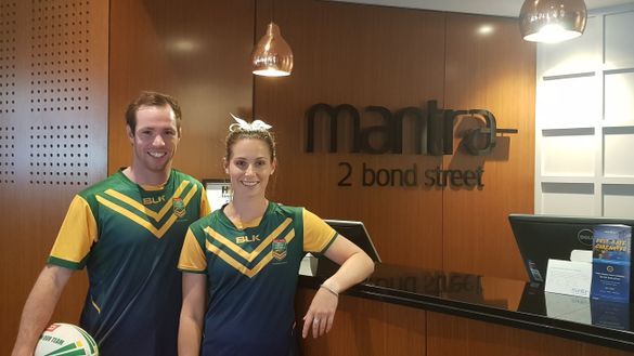 NRL Touch Football's Samantha Rodgers and Samuel Brisby at a Mantra Hotel