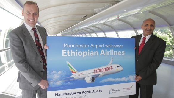 Photo caption: Manchester Airport CEO Andrew Cowan and Ethiopian Airlines CEO Tewolde Gebremariam announce the new route to Addis Ababa. 