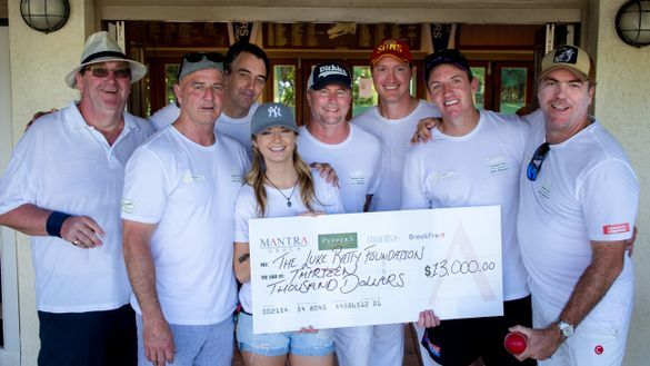 (L-R) Participants from last year's event Roy Weavers (Mossman Print), former Tasmanian paceman Mark Ridgway, Stuart McMullin (Luke Batty Foundation CEO), Robyn Buick, Chris Northam and Winston Hall (Mantra Group), former Hobart Hurricanes coach Damien Wr