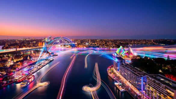 Views of Harbour Lights installations on marine vessels moving across Sydney Harbour during Vivid Sydney 2018