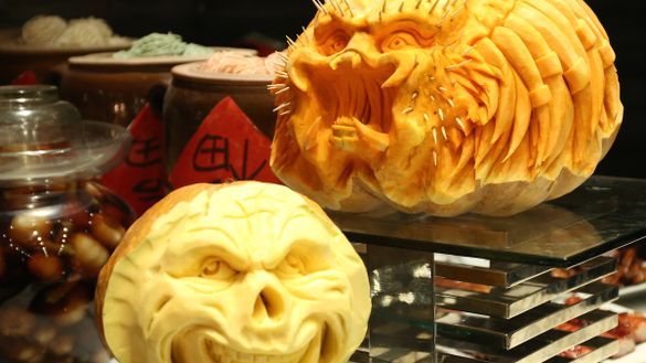 Artistically carved pumpkins at N'Joy