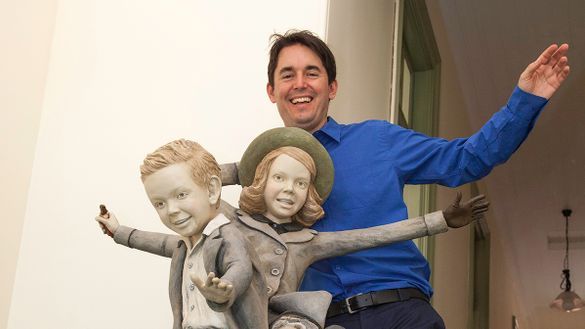Fraser Coast Mayor George Seymour with a sculpture of Mary Poppins characters Jane and Michael Banks which will be installed at Maryborough's new interpretive centre The Story Bank.
