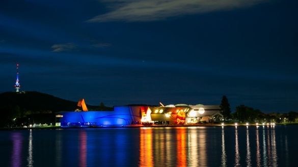 National Museum of Australia building lit up in blue ahead of the Greek national Ohi Day, 28 October