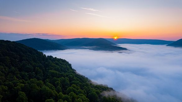 Sunrise as seen from the Baughman Rock Overlook near Ohiopyle in Pennsylvania's Laurel Highlands region.