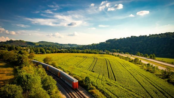 A freight train passes through the Laurel Highlands as seen from the Salisbury Viaduct on the Great Allegheny Passage. 