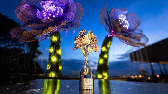 French Design Award Platinum Winner statuette displayed against The Mirabilis Bar centrepiece