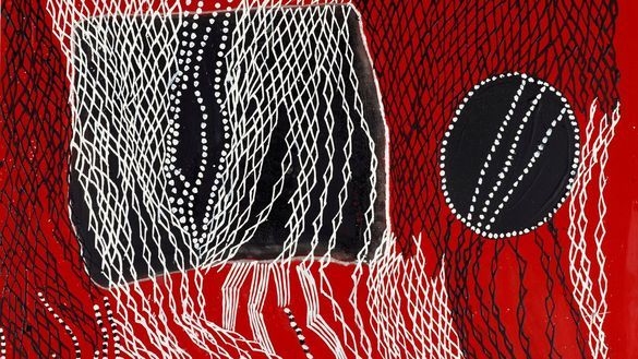 Noŋgirrŋa Marawili 'Lightning' 2017, enamel paint on aluminium composition board, 150 x 100 cm, Art Gallery of New South Wales, Sydney, purchased with funds provided by the Wendy Barron Bequest 2017 