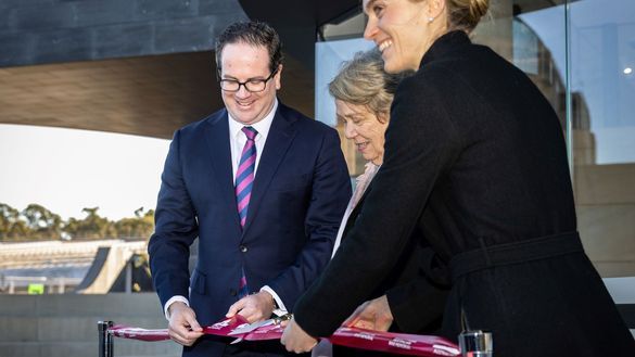 Anne Carroll OAM, Minister for Veterans' Affairs and Defence Personnel Matt Keogh and Project Manager Melanie Dodd opening the CEW Bean Building